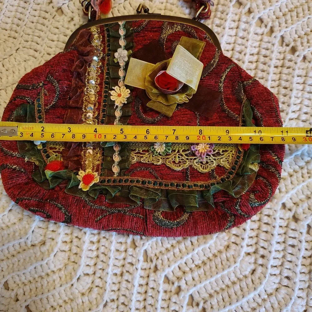 Vintage Style Tapestry Kiss Lock Handbag Floral Ribbon Embellished Boho Purse